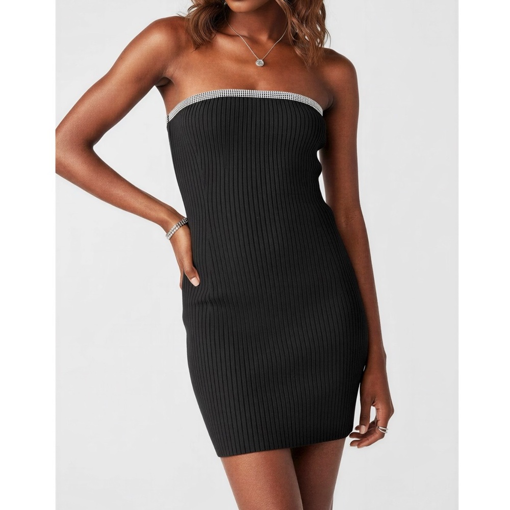 BA&SH Diana Strapless Crystal Embellished Ribbed Mini Bodycon Dress, Black, 0/XS